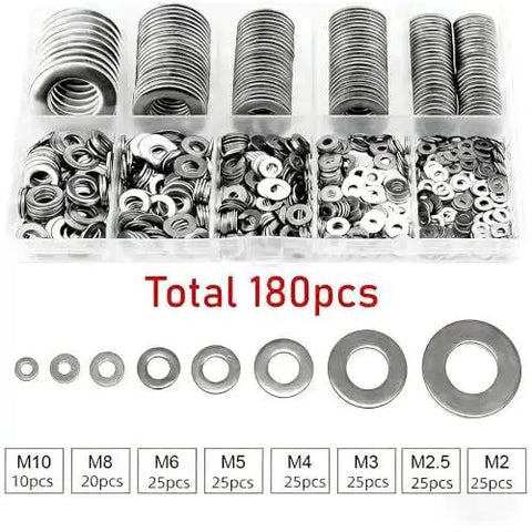 180 Pcs Stainless Steel Flat Washers Set For Screws And Bolts 304 Grade Assorted Sizes M2.5 M2 M3 M4 M5 M6 M8 M10 Built Tough For Heavy Duty Projects And Industrial Use, displayed in a transparent organizer