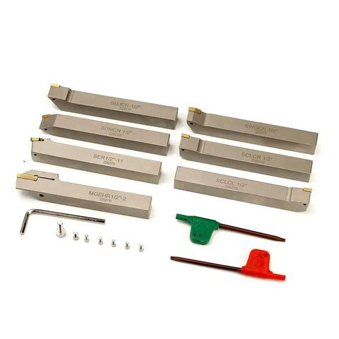 Heavy Duty 1/2 Inch Shank Indexable Lathe Tool Set With Nickel Plated CNC And Metal Lathe Tool Holders For Turning Grooving Threading Parting And Cut Off 7 Piece Kit Durable And Corrosion Resistant Built To Last