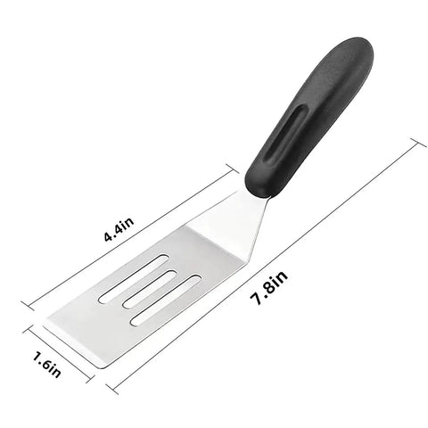 Two Piece Small Metal Spatula Set For Kitchen Use Stainless Steel Slotted And Solid Mini Spatulas showing measurements and design