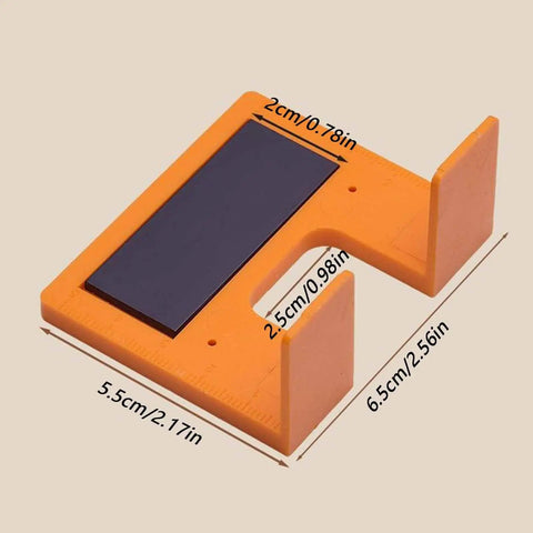 Orange Cabinet Door Mounting Jig With Magnetic Locking For No Drill Installation And Quick Cabinet Hinge Alignment, Easy Home Improvement Tool, dimensions marked.