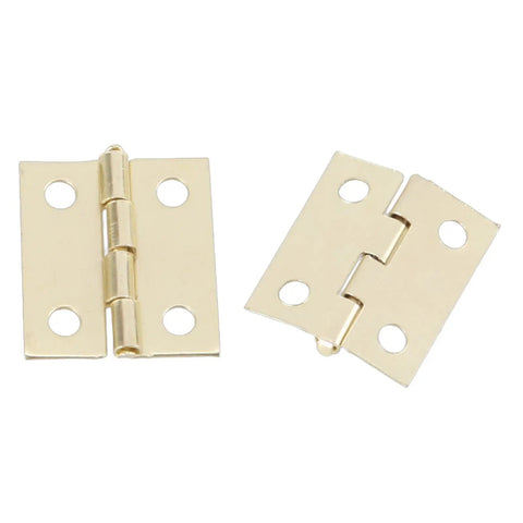Two gold small hinges from the Gold Small Hinges Set With Screws For Crafting And Decorative Boxes Metal Hinges 50 Pieces Plus 200 Screws.