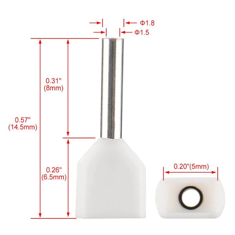 Twin Insulated Ferrule Crimp Connectors For Heavy Duty 22 AWG 0.5 MM2 Copper Wire Pin Cord End Terminals TE0508 White