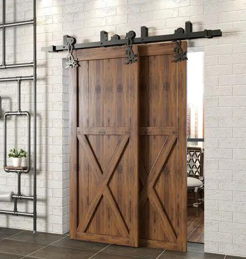 Black Rustic Double Track U Shape Bypass Sliding Barn Door Hardware Kit For Two Doors, 4.5ft Flat Track, Flower Design Rollers