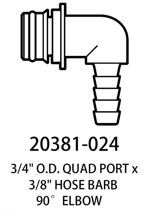 Detoria 20381-024 quad-port 90° elbow hose barb fitting, 3/4" O.D., 3/8" hose barb
