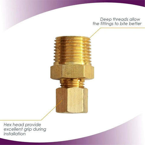 Brass ice maker water line fitting, 3/8 in NPT male to 1/4 in compression, hex nut grip.