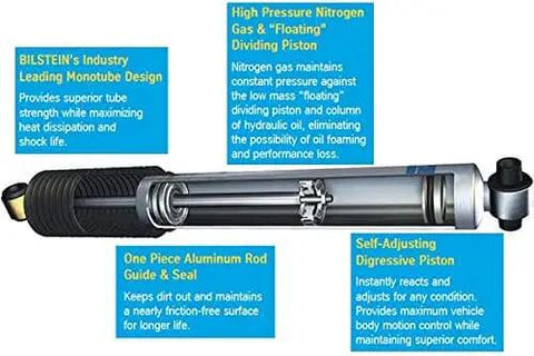5100 Series Single Rear Right Shock Absorber For 1996 2004 Toyota Tacoma With One To One And A Half Inch Rear Lift Requires Minimum One Inch Lift Block For Installation Monotube Design Delivers Fade Free Ride And Smooth Traction On Trails Off Road Ready with labels highlighting features like nitrogen gas and self-adjusting piston.