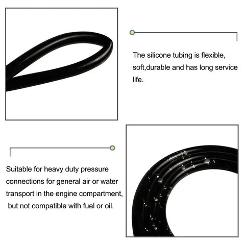 Coiled black tubing with text about silicone tubing benefits and usage, Half Inch ID To Three Quarter Inch OD Heavy Duty Food Grade Silicone Tubing For High Temp Use Vacuum Air Water Transfer Hose FDA Compliant USDA Approved 3.28 Ft Length