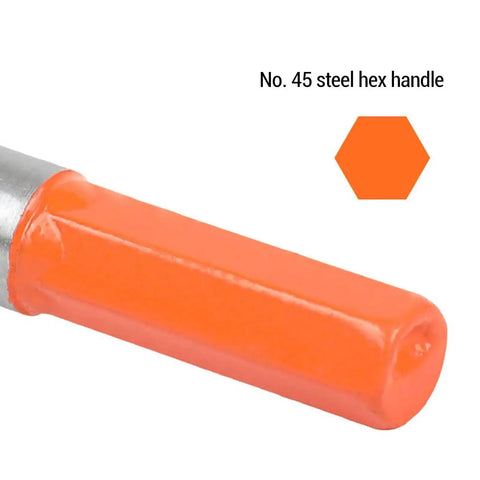 Close-up of orange hex handle, part of 35mm Concealed Hinge Jig Drill Guide Set For Woodworking Hinges With Dust Cover And Adjustable Hole Size