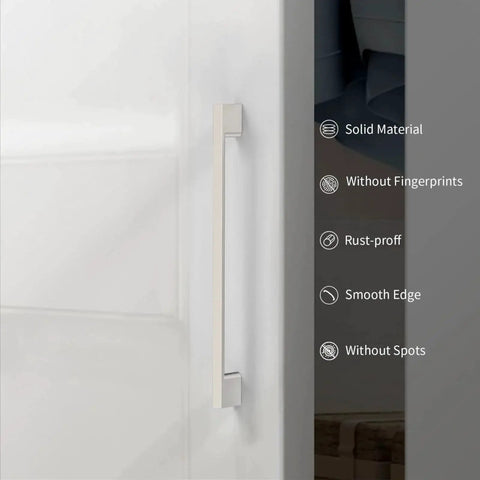 Side view of a zinc alloy cabinet handle with brushed satin nickel finish, highlighting features: solid material, rust-proof, smooth edge.