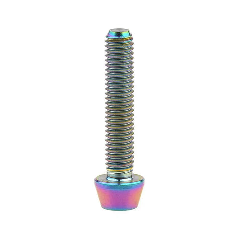 Premium Rainbow Titanium M5x25mm Tapered Head Screw with 6AL4V Grade 5 Titanium Alloy DIN912 specification, side view.