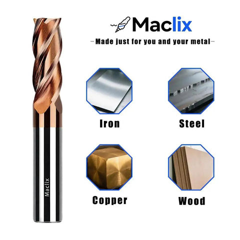 Quarter Inch Carbide End Mill Set For CNC Machining, Four Flutes, Maclix, shown with materials like iron, steel, copper, wood.