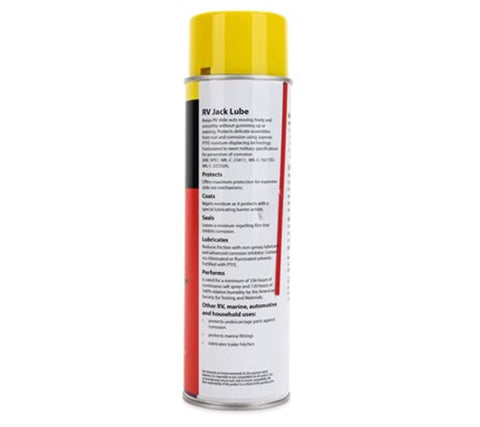 EAZ Lift Heavy Duty RV Stabilizer Jack Lube For Stabilizer Jacks And Tongue Jacks Steps And Undercarriage Parts Keep Your RV Gear Rolling Smoothly Prevent Rust And Deliver Maximum Lubrication In A 15 Oz Bottle can with yellow cap and product label visible.
