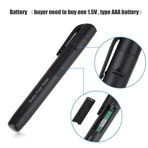Front view of Brake Fluid Tester pen, black with pocket clip and 5 LED indicators.