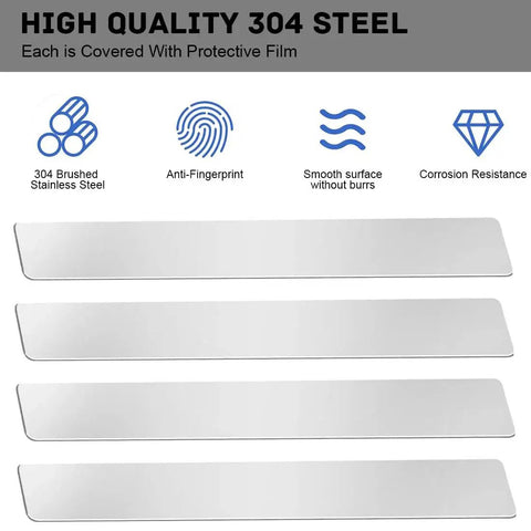 Stainless Steel Shim Stock Set 304 Grade, image showing four protective film-covered strips, 12 inch by 1 inch by 0.02 inch.