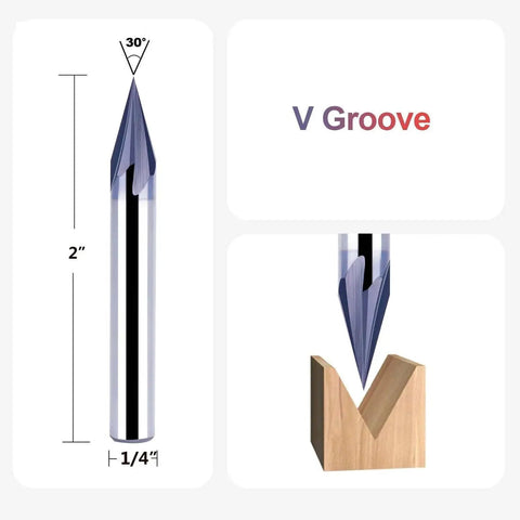 30 Degree V Groove Router Bit With TiAIN Coated One Quarter Inch Shank Four Flute Pro Grade Carbide Chamfer End Mill For CNC Engraving And Lettering SpeTool For Woodworking And Sign Making Projects shown with dimensions.