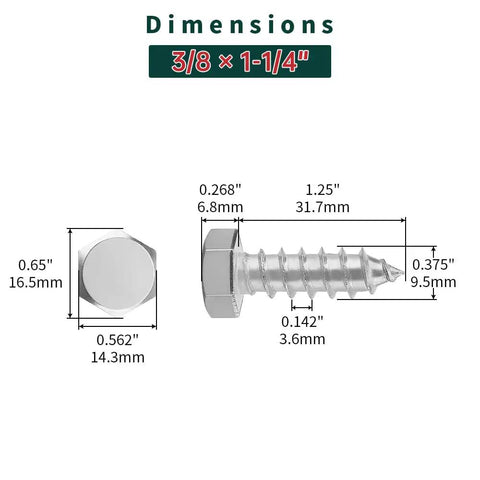 Dimensions of Beefy Heavy Duty 3/8 By 1-1/4 Inch Lag Screws With Flat Washers In 304 Stainless Steel 18/8 For Decks And Wood Projects Full Thread Hex Head Wood Lag Screws With 9/16 Inch Hex Drive 10 Sets
