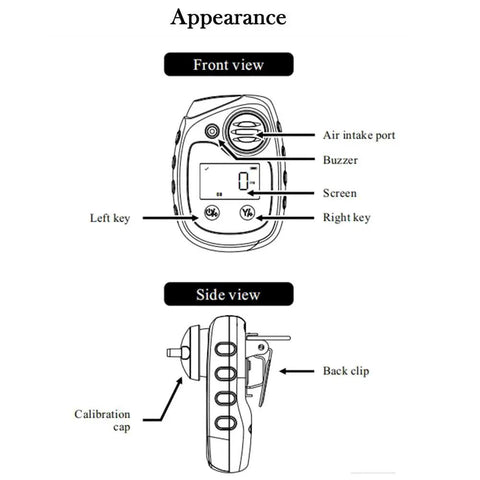 Front and side view of Portable Oxygen O2 Gas Detector With Sound Light And Vibration Alarm Back Clip Easy To Use Just Turn On And It Runs Continuously Low Power Consumption Standby Up To Two Years No Calibration No Sensor Replacement 0 To 30 Percent Volume, showing screen, keys, air intake port, and back clip diagram.