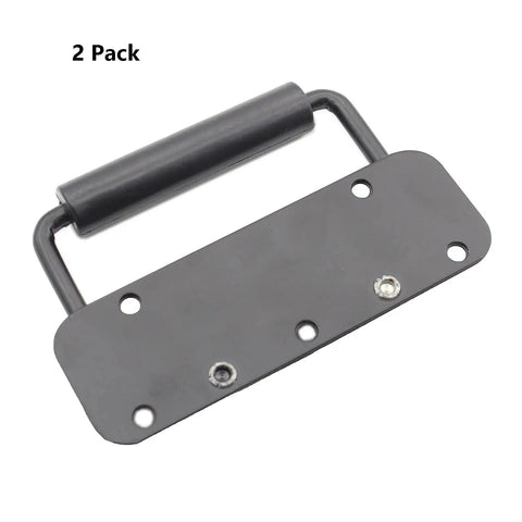 Two Pack Spring Loaded Chest Handle Pulls With Rubber Grip Surface Mount For Chests Trunks Crates And Storage Boxes Heavy Duty Thickened 2mm Iron Hardware Built To Last And Ready For Rough Indoor Outdoor Use, showing one handle with a black finish and mounting holes.