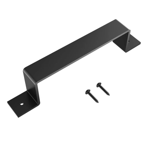 Beefy Heavy Duty Carbon Steel Sliding Barn Door Hardware Kit With Bent Handrail And Swing Stop For 24 To 36 Inch Wide Doors In Black Matte Finish Built To Last And Supports Up To 176 Lbs, showing curved handrail and screws.