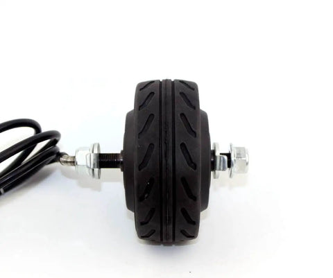 Front view of 4 Inch Brushless Hub Motor for Electric Scooters, 200W Gearless Wheel, 24V 36V Compatible, showing wheel and cables
