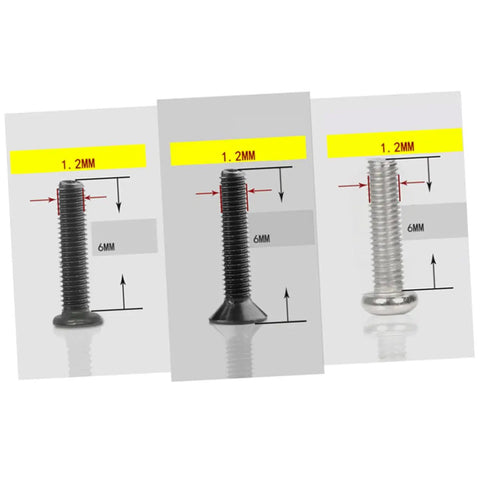 Three miniature flat head screws, black and silver, 1.2mm x 6mm, part of the Two Pack 18 18 Specification Screw Set for laptops.