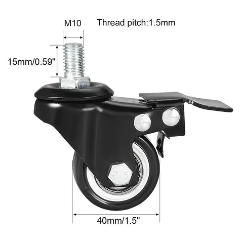 Side view of 1.5 Inch Swivel Caster Wheel With Brake, Polyurethane, 360 Degree Swivel, Threaded Stem M10 x 15mm, Capacity Per Wheel 50kg