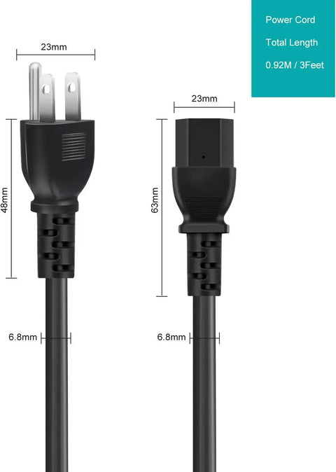 3 Prong Power Cord For 3 Feet AC SVT 18AWG C13 To NEMA 5-15P UL Listed Replacement Cord For Electric Pressure Cookers, Rice Cookers, Soy Milk Makers And Other Kitchen Appliances Must Have, showing front view with length dimensions and plug details.