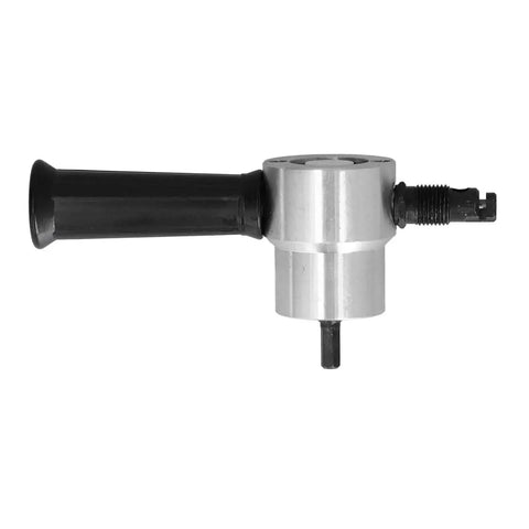 Side view of Double Head Metal Cutter And Sheet Nibbler Drill Attachment with 360 degree adjustable black handle.