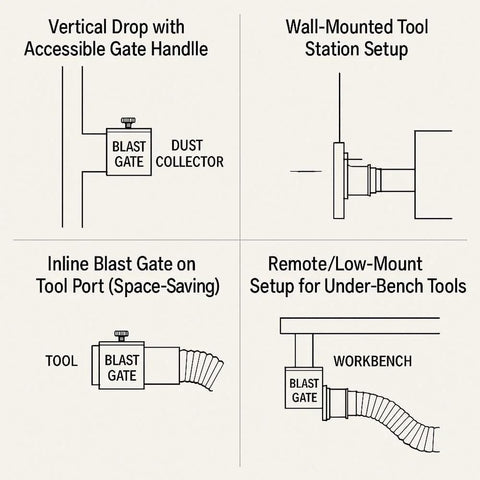4-inch aluminum blast gate installation diagram for vacuum/dust collectors showing vertical drop, wall mount, inline, and remote mounting options