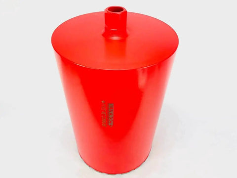 Front view of a red 11 Inch Diamond Wet Core Drill Bit with One and One Quarter Inch Threaded Shank for Concrete Rebar Asphalt Brick Masonry.
