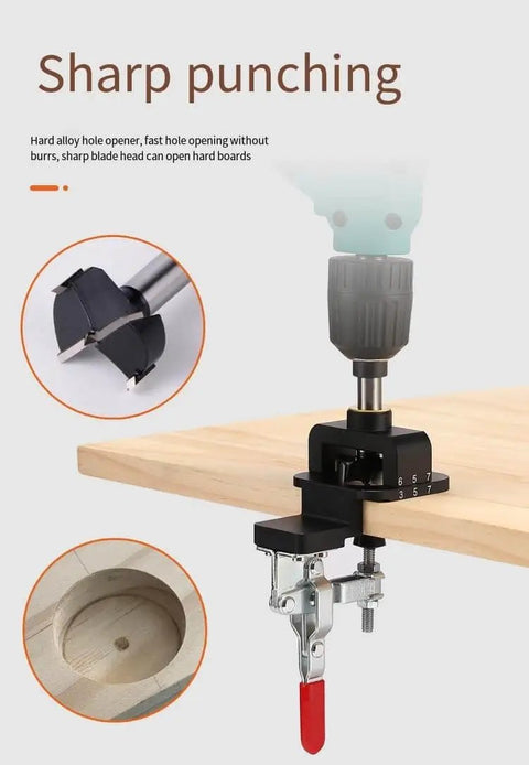 35mm Hinge Drilling Guide for Cabinets and Doors, Adjustable Template attached to a drill on a wooden board