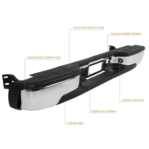 Rear Step Bumper With License Plate Lights For Chevy Silverado GMC Sierra, ABS and stainless steel, chrome finish, side view.