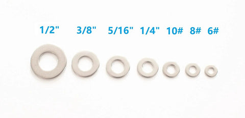 Set of seven stainless steel flat washers in assorted sizes: 1/2, 3/8, 5/16, 1/4, 10#, 8#, 6#.