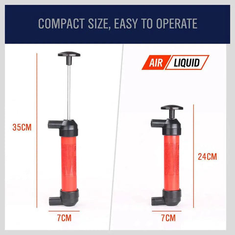 Emergency Siphon Fuel Transfer Pump Kit For Gas Oil And Liquids, red vertical pump with handle, size measurements visible