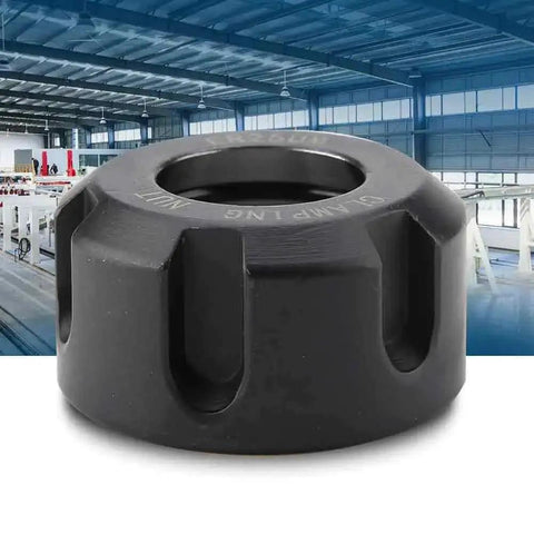 Collet Clamping Nut For Lathe Tools in black finish, showcasing a sturdy metal chuck holder with solid grip, 42CrMo steel, workshop setting