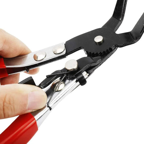 Close-up of 45 degree angled flat belt hose clamp pliers from Three Piece Hose Clamp Pliers Tools Set for auto car repair.