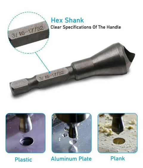 Chamfer Bit Set 3 Piece With A One Quarter Inch Hex Shank Countersink Deburring Bits For Metal Wood And Plastic Razor Sharp Edges