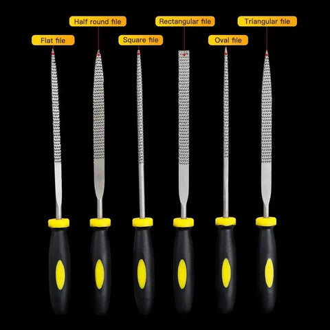 Six Piece 140mm Mini Metal Rasp Needle File Set For Wood Carving And Metal Work Includes Durable Steel Hand Files For Detailed Filing Shaping And Finishing In Woodworking Projects, showing six different file shapes.