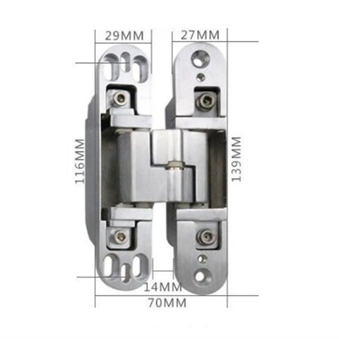 Concealed Zinc Alloy Cross Hinge 180 Degree Hidden Door Hinge for cabinets and closets, showing dimensions and metal construction