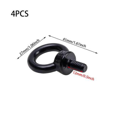 4 Pack Black M6 Lifting Eye Bolts, 12mm, 1/4 By 1/2 Inch, Stainless Steel, showing dimensions.