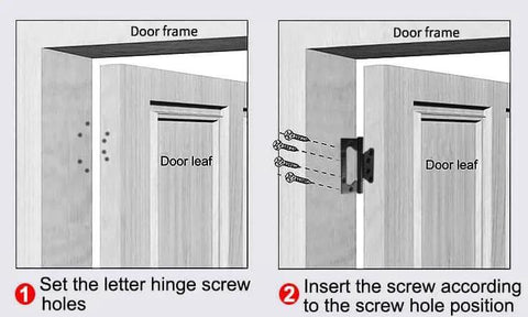Diagram showing installation of Heavy Duty 4 Inch Stainless Steel Door Hinges Set 3 Pack Bearing on wooden door frame with screws