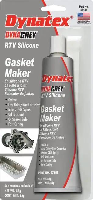 Dynatex Dynagrey RTV Silicone Gasket Maker 85g Tube Low Odor O2 Sensor Safe Non-Corrosive Sealant Designed For OEM Spec And Gearhead Approved High Torque Engines Made In USA package front view