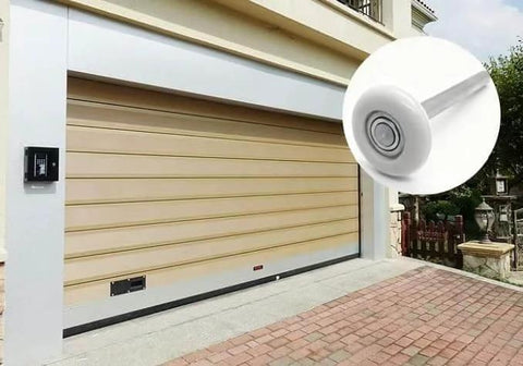 12 Pack 1.8 Inch Nylon White Garage Door Rollers With 4.7 Inch Stem Quiet Smooth Replacement Wheels shown with a garage door