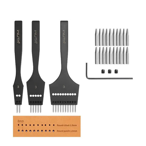 2nd Generation Leather Hole Punch Kit with removable circle punch, craft chisel set, ideal for DIY leatherwork, showing tools and sizes