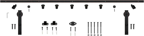 78-3/4 Inch Bent Strap Barn Door Hardware Kit For Doors Up To 36 Inches Oil Rubbed Bronze Finish laid out with all components visible