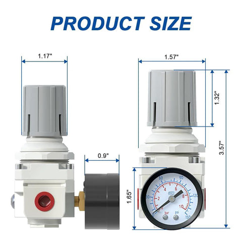 Air pressure regulator AR2000-02 with 0-150 psi gauge, 1/4 NPT, gray body and white base