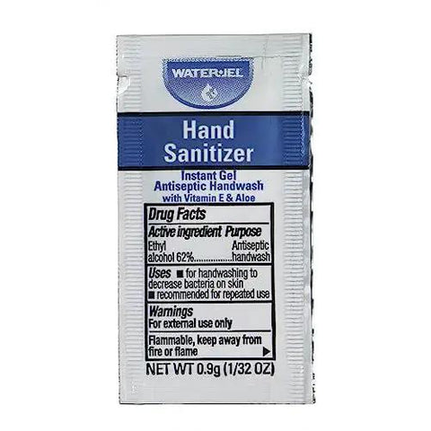 Single-use waterjel hand sanitizer packet, antiseptic gel with vitamin E and aloe.