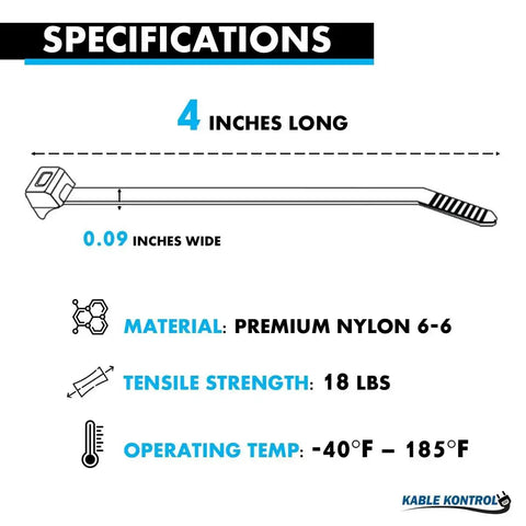 Specifications for Radius Clamp Head Hose And Cable Ties 4 Inch 100 Pack Nylon Zip Ties With 18 Lbs Tensile Strength UV And Chemical Resistant