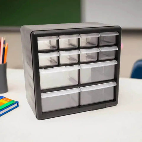 12-Drawer Parts Organizer in black with clear view drawers, wall mountable for easy access to small hardware, tools, and craft supplies