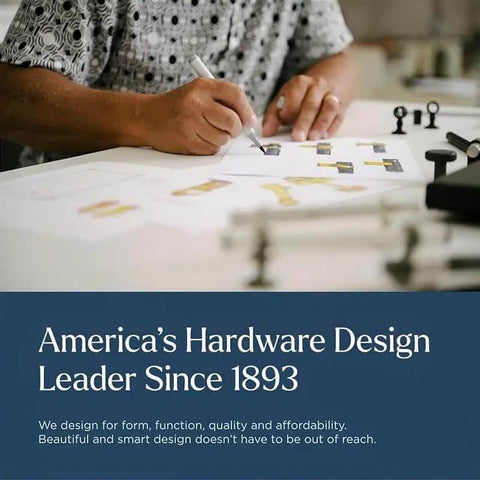 Designer creating hardware blueprints at a table with sketches; text reads America's Hardware Design Leader Since 1893.